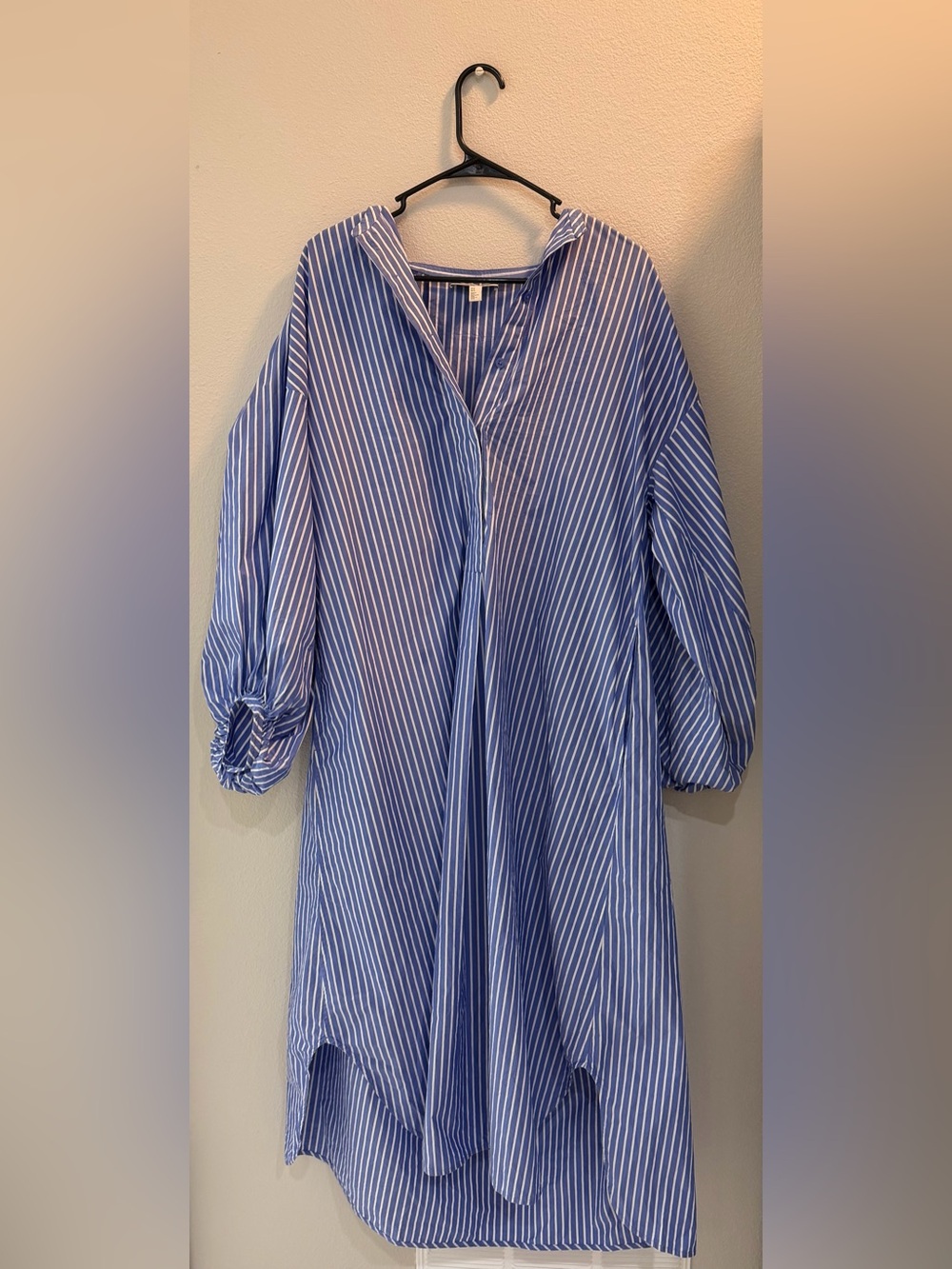 COS Blue and White Striped V-Neck Long-Sleeved Dress